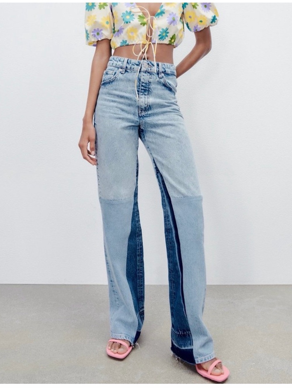 Zara Two-Tone Split-Leg High-Rise Jeans - Light & Dark Blue